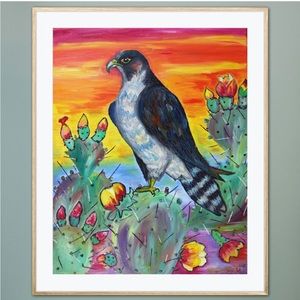 Falcon Cactus Desert Sunset Southwest Art Print Oil Painting Whimsical Colorful